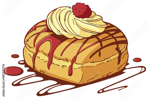 122 Highly detailed, hyper-realistic digital illustration, warm chocolate drippings, delectable cream topping, freshly baked pastry, golden caramelized exterior, luscious crumb texture, vibrant color 