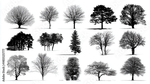 various deciduous trees silhouettes on the white background.