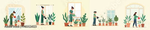 Woman Watering Indoor Plants - Home Gardening and Sustainable Lifestyle Concept Illustration