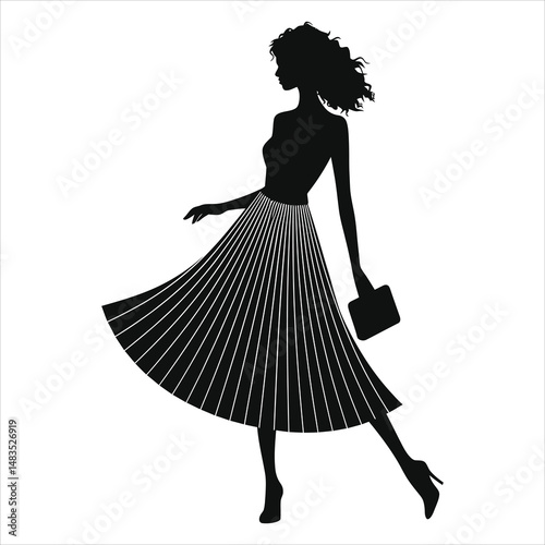Vector Silhouette of a Woman in a Pleated Skirt/A graceful silhouette of a woman in a flowing pleated skirt, walking and carrying a purse.