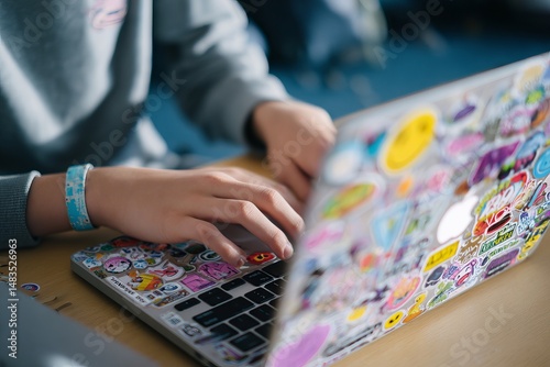 Person types on a laptop adorned with vibrant and varied stickers in a close-up view.