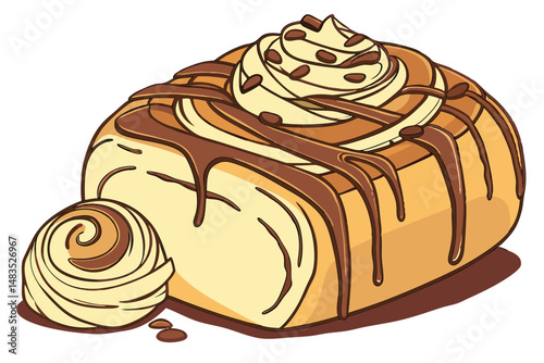 122 Highly detailed, hyper-realistic digital illustration, warm chocolate drippings, delectable cream topping, freshly baked pastry, golden caramelized exterior, luscious crumb texture, vibrant color 
