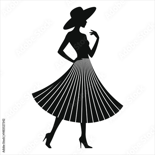 Vector Silhouette of a Woman in a Pleated Skirt and Hat/A sophisticated silhouette of a woman wearing a wide-brimmed hat, high-heeled shoes, and a pleated skirt.