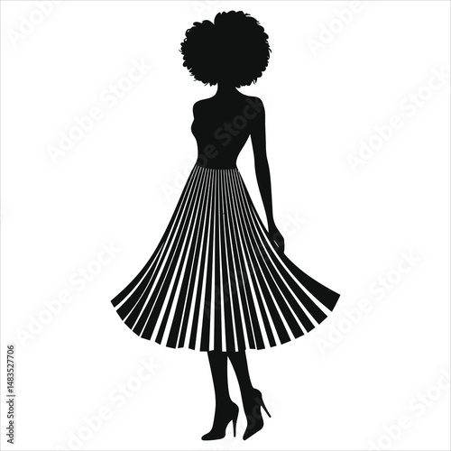 Stylish African Woman in a Pleated Midi Dress Vector Silhouette/A sophisticated silhouette of an African woman in a stylish pleated midi dress.