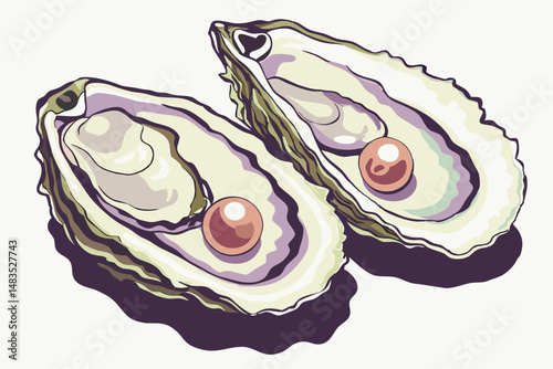 123 photorealistic, hyper-detailed, closeup of two freshly shucked oysters with pearl inside, iridescent mother-of-pearl shell, luminous natural lighting, dramatic shadows, dramatic contrast, sharp fo