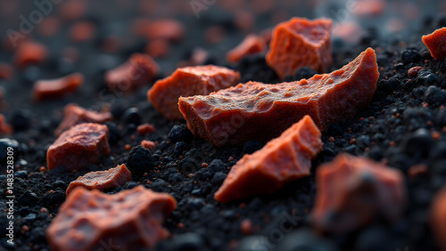 Porous red volcanic rocks on black ashy soil, geothermal steam, detailed mineral textures, extreme earth landscape.