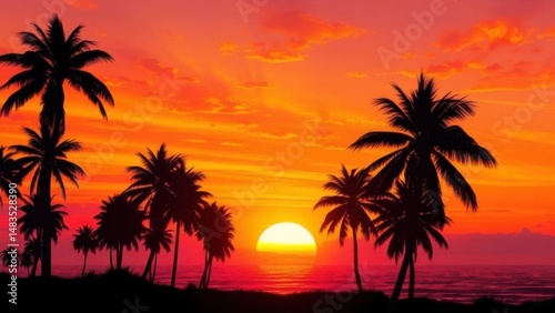 Palms sway gently as sun dips below horizon