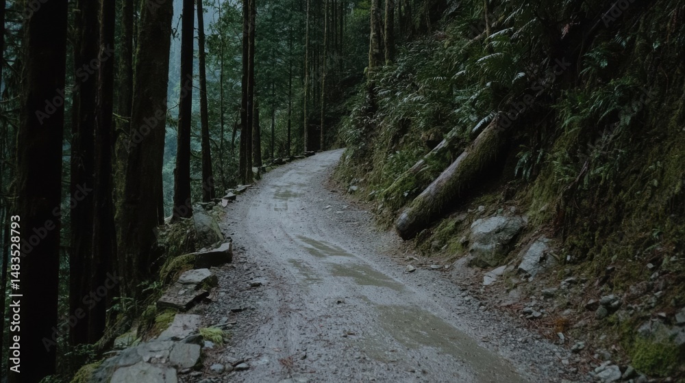 Obraz premium A winding dirt path through a dense forest.