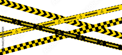 Caution tape set – Yellow warning ribbons and police line tape with stripes on transparent background. Vector illustration of caution and danger tapes for safety and alert design.	
