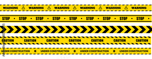 Caution tape set – Yellow warning ribbons and police line tape with stripes on transparent background. Vector illustration of caution and danger tapes for safety and alert design.	
