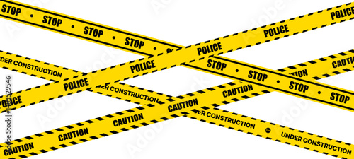 Caution tape set – Yellow warning ribbons and police line tape with stripes on transparent background. Vector illustration of caution and danger tapes for safety and alert design.	
