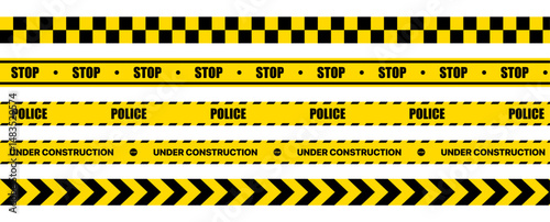 Caution tape set – Yellow warning ribbons and police line tape with stripes on transparent background. Vector illustration of caution and danger tapes for safety and alert design.	
