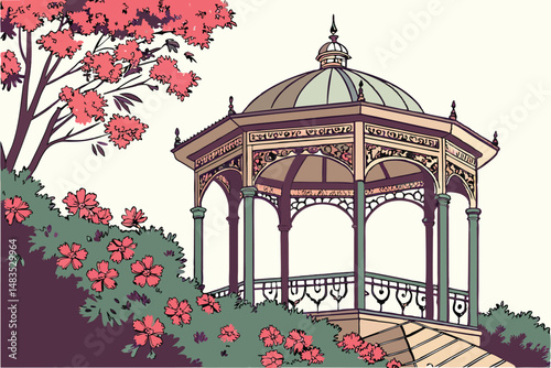 124 A decorative gazebo with ornate architectural details, surrounded by lush foliage and vibrant flowers, watercolor painting style, detailed, intricate, breathtaking, captivating, stunning