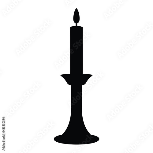 Silhouette of a Lit Candle on a Candlestick Holder Simple Black and White Image