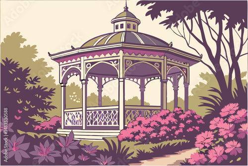 124 A decorative gazebo with ornate architectural details, surrounded by lush foliage and vibrant flowers, watercolor painting style, detailed, intricate, breathtaking, captivating, stunning