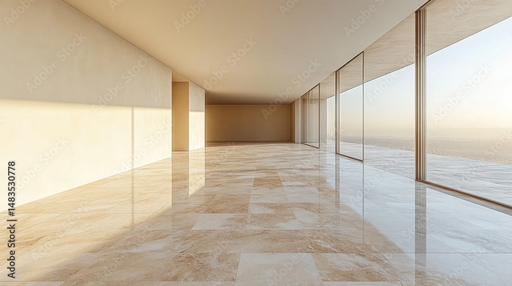 Obraz premium Minimalist apartment interior with marble floor and ocean view windows. Use as background or for showcasing a modern interior design project.