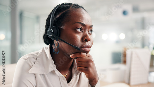 Fotografie Black woman, consultant and worry with headset at call center for error or difficult customer