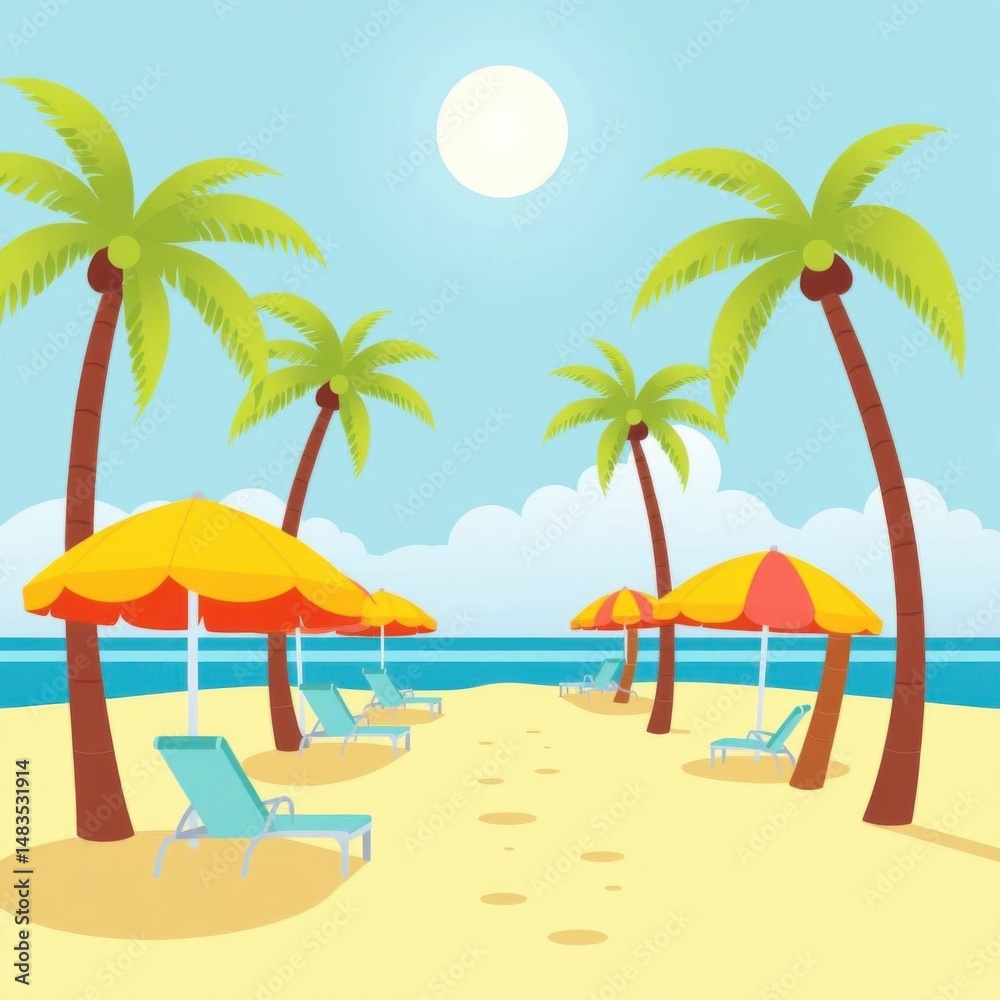 Fototapeta premium Beach umbrellas & chairs near palms, bright daylight