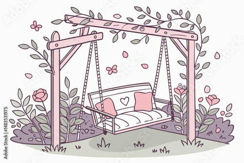 125 A beautifully decorated outdoor swing with a floral arch, a cozy outdoor sofa with floral accents, detailed foliage and flowers, watercolor style, ethereal, romantic, whimsical, soft, pastel color