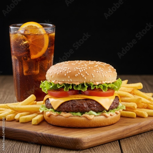 Delicious burger with fries use cases: menu, advertising, social media.