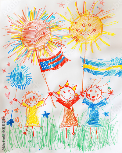 Joyful Children's Crayon Drawing Celebrating Summer with Flags and Suns