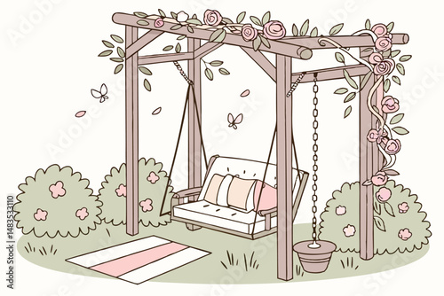 125 A beautifully decorated outdoor swing with a floral arch, a cozy outdoor sofa with floral accents, detailed foliage and flowers, watercolor style, ethereal, romantic, whimsical, soft, pastel color