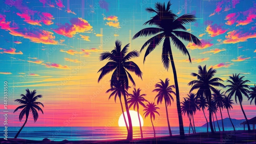 Naklejka premium Abstract Palms Rave on Glitchy Beach at Sunset