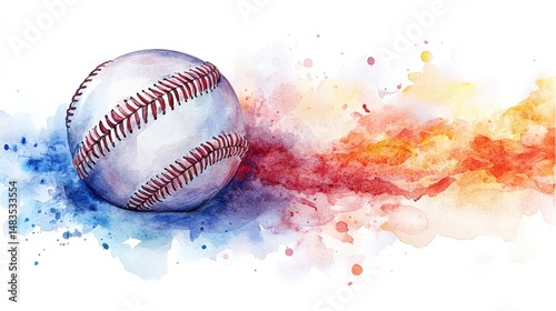 Baseball Ball Watercolor Painting on Colorful Splash Background