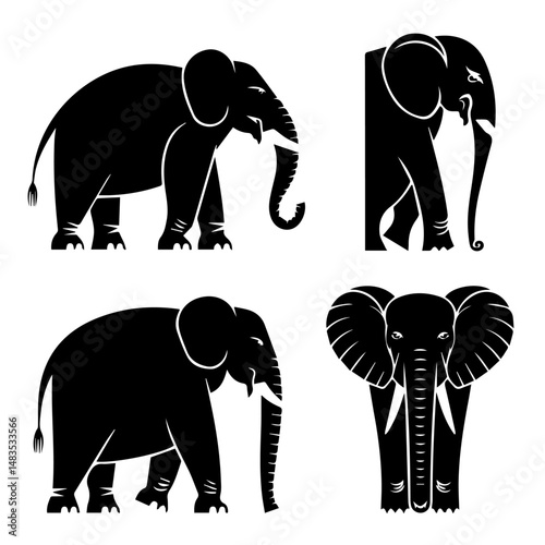 Silhouettes of four elephants in various poses, including side views and a frontal view, rendered in black on a white background, highlighting their distinct shapes and trunks.