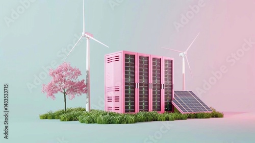 Futuristic and eco-friendly concept with server racks, grass, solar panels and wind turbines on blue pink background