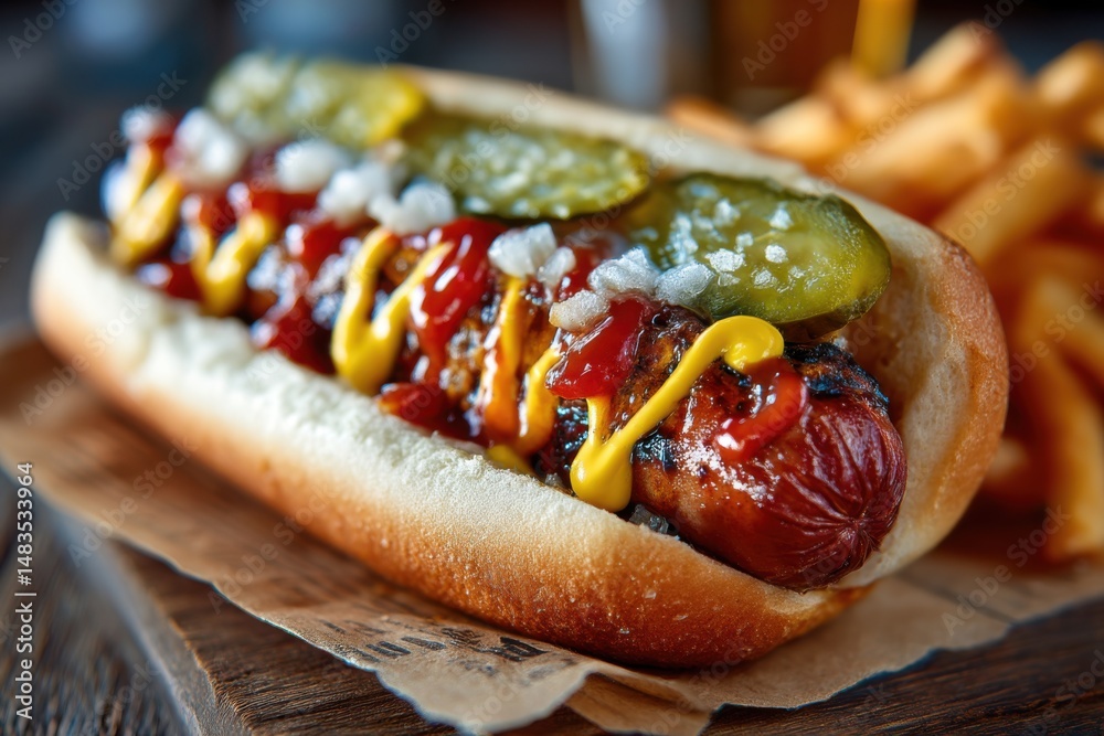 Overhead close-up of grilled hot dog with toppings including mustard, ketchup, onion, and pickles, served with french fries. Overhead close-up of grilled hot dog with toppings including mustard, ketchup, onion, and pickles, served with french fries.