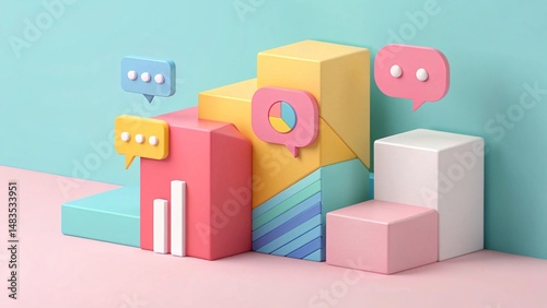 Pastel 3D Geometric Shapes with Speech Bubbles on Clean BG V2