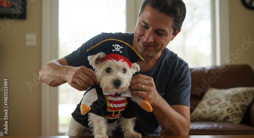 Man Dressed as a Pirate Adjusts Costume on Small Dog in Cozy Living Room