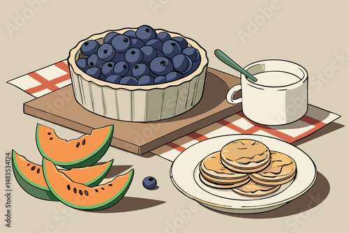 126 ceramic dish piled high with fresh blueberries, wooden plate with sliced melon, white porcelain plate with stacks of oatmeal cookies, white porcelain cup and saucer, high contrast photorealistic w