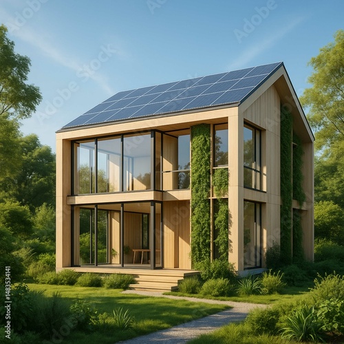 Modern Eco-Scandinavian Smart Home in Lush Green Landscape – 3D Architectural Rendering