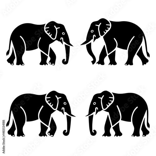 Silhouettes of four elephants in various poses, including side views and a frontal view, rendered in black on a white background, highlighting their distinct shapes and trunks.