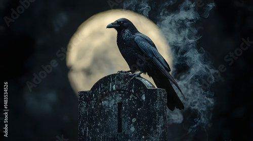 Skeletal crow perched on a gravestone under a full moon