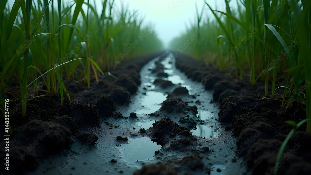 Obraz premium Dark peat path through green swamp showing reflective water pools and lush vegetation in atmospheric lighting.