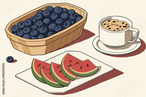 126 ceramic dish piled high with fresh blueberries, wooden plate with sliced melon, white porcelain plate with stacks of oatmeal cookies, white porcelain cup and saucer, high contrast photorealistic w