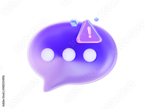 Holographic 3D chat bubble with typing dots and exclamation mark. Symbol of online communication, alerts, notifications, and digital interface.
