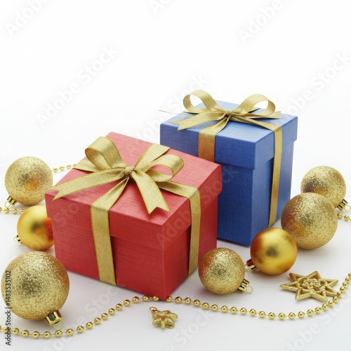 Festive gift boxes isolated on white background for holidays, christmas, birthday use cases.