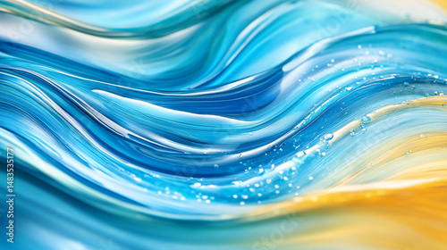 Abstract waves of blue and gold paint creating a flowing texture with small bubbles scattered around .