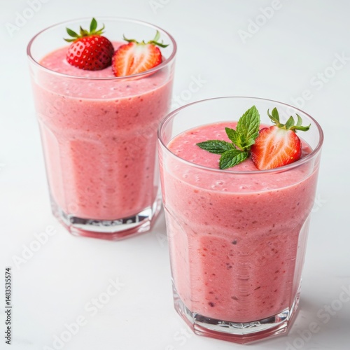 Strawberry smoothie isolated on white background for healthy drinks, breakfast, or dessert