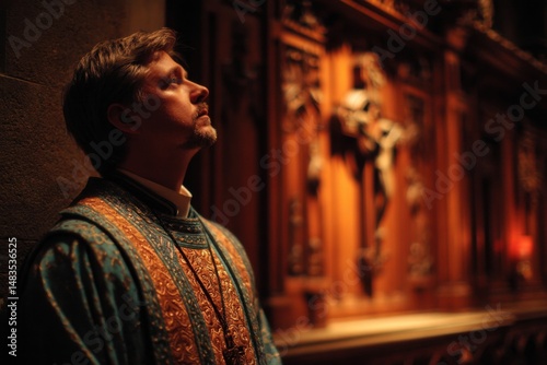 Clergy member in ornate vestment looks upward in thoughtful contemplation, within dim, softly lit cathedral interior setting