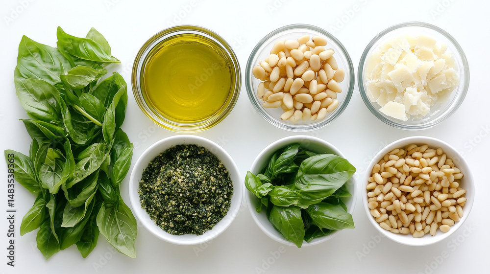 Classic pesto ingredients--basil, parmesan, pine nuts, and olive oil--are arranged neatly Classic pesto ingredients--basil, parmesan, pine nuts, and olive oil--are arranged neatly