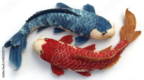 Two koi fish in a circular design, one blue and one red, detailed scales photo