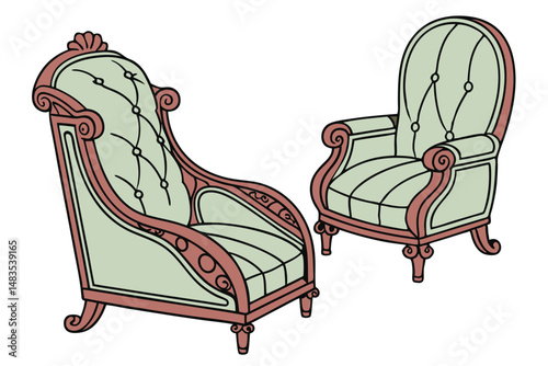 129 antique chairs, plush green velvet upholstery, ornate red wood frames, victorian era furniture, elegant historical design, textured fabric details, ornamental carving, vintage salon aesthetic, cla