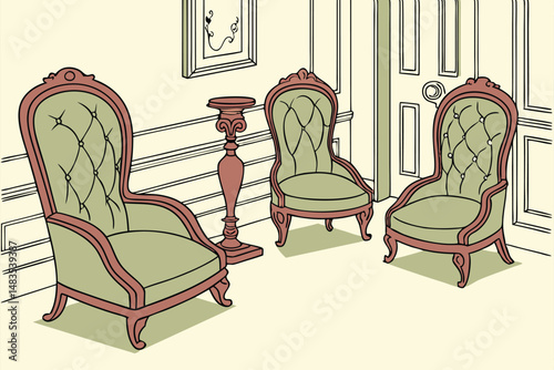 129 antique chairs, plush green velvet upholstery, ornate red wood frames, victorian era furniture, elegant historical design, textured fabric details, ornamental carving, vintage salon aesthetic, cla