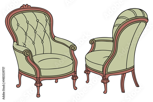 129 antique chairs, plush green velvet upholstery, ornate red wood frames, victorian era furniture, elegant historical design, textured fabric details, ornamental carving, vintage salon aesthetic, cla