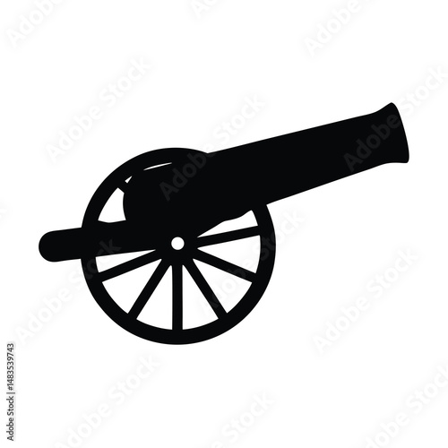 A Classic Black and White Silhouette of a Vintage Cannon on a Single Wheel